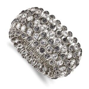1928 Wide Jet Black and Clear Crystals and Acrylic Stones Stretch Bracelet